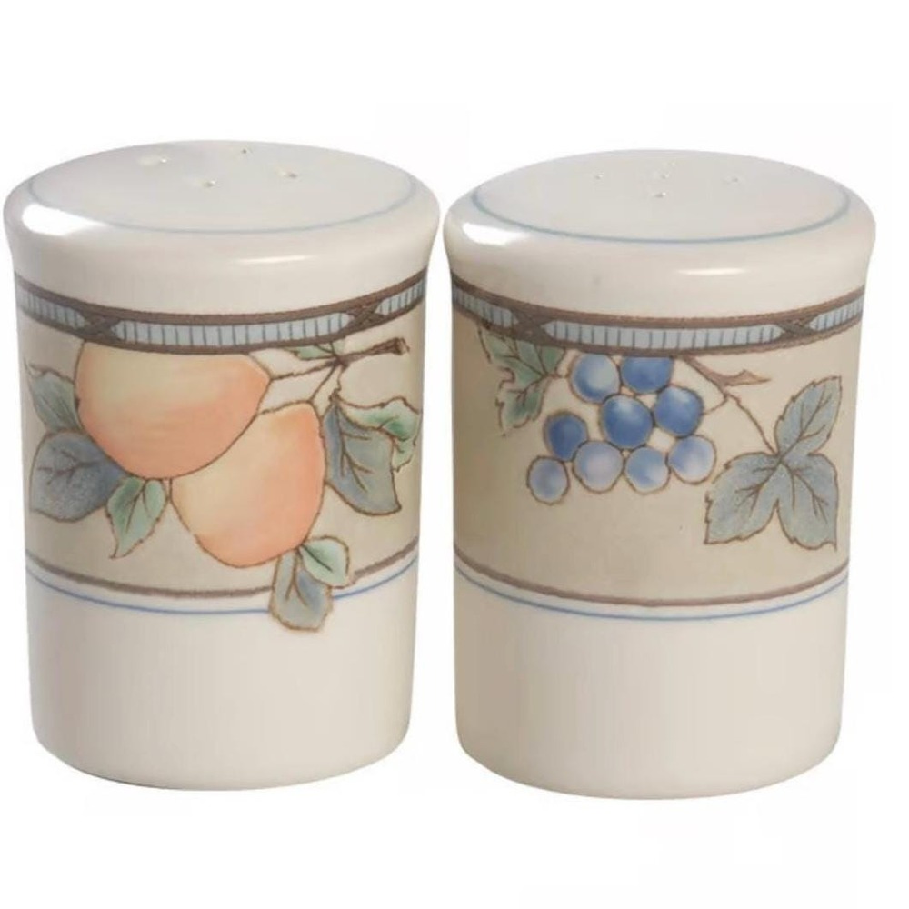 Mikasa Garden Harvest Intaglio Salt & Pepper Shakers NWT CAC29 Fruit Pattern